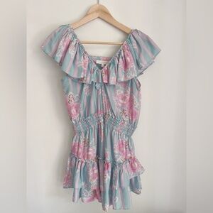 LoveShackFancy Blue Pink Silk Ruffle Mini Dress - M